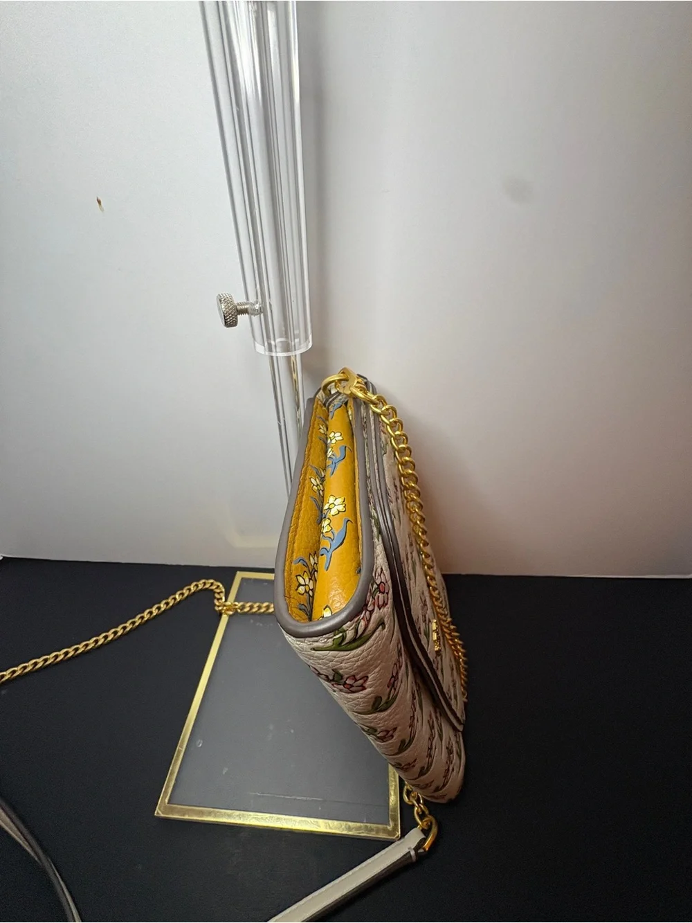 Tory Burch Cream Floral Leather Crossbody with Pink and Green Print & Gold Chain